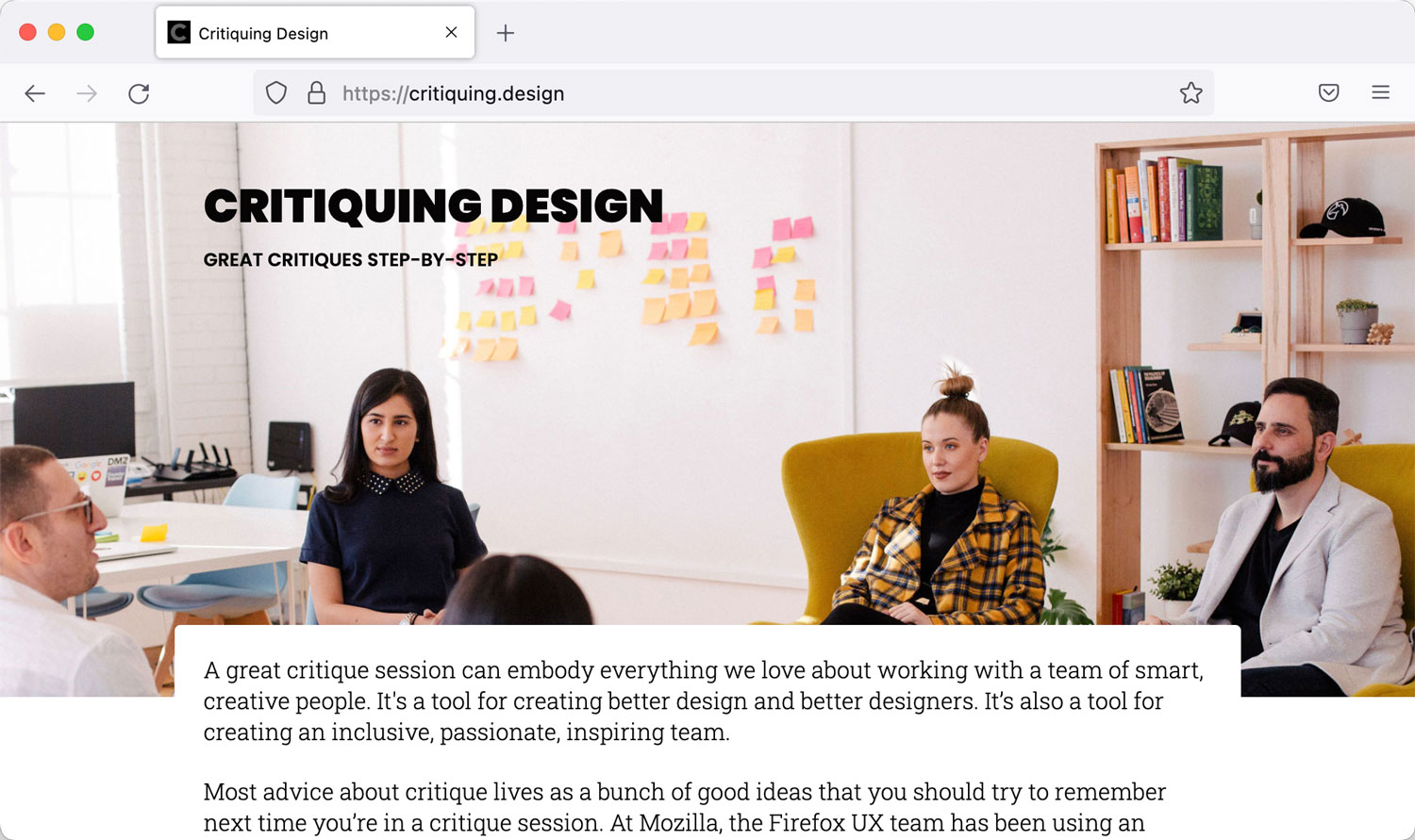The critiquing.design website is shown in a browser window. It features a group of people talking. There are a bunch of post-it notes on the wall behind them.