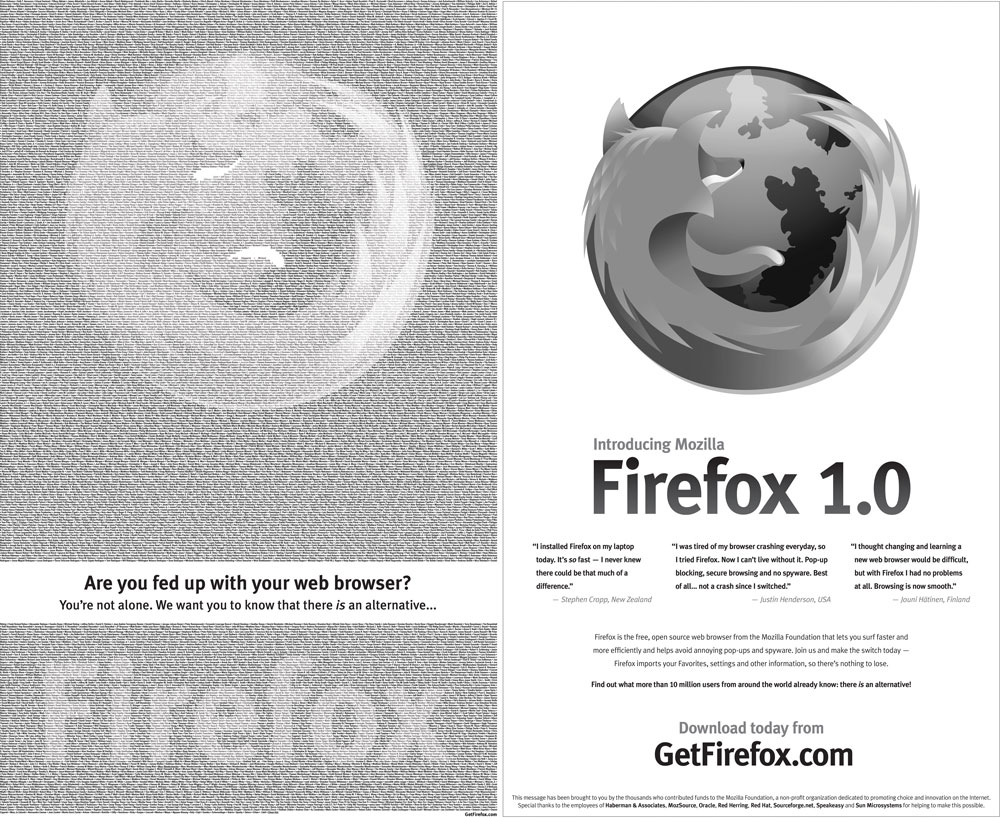 A two-page newspaper ad. On one side the Firefox logo is made up from hundreds of names of volunteers. On the other side, Firefox 1.0 is introduced and people are urged to download it from getfirefox.com.