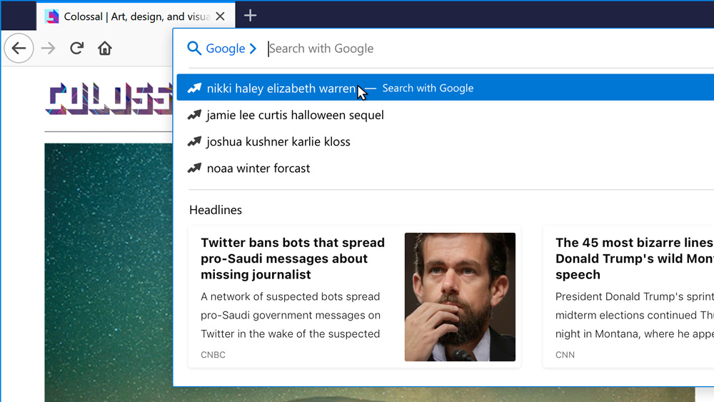 A mockup of Firefox displaying trending searches and news items.
