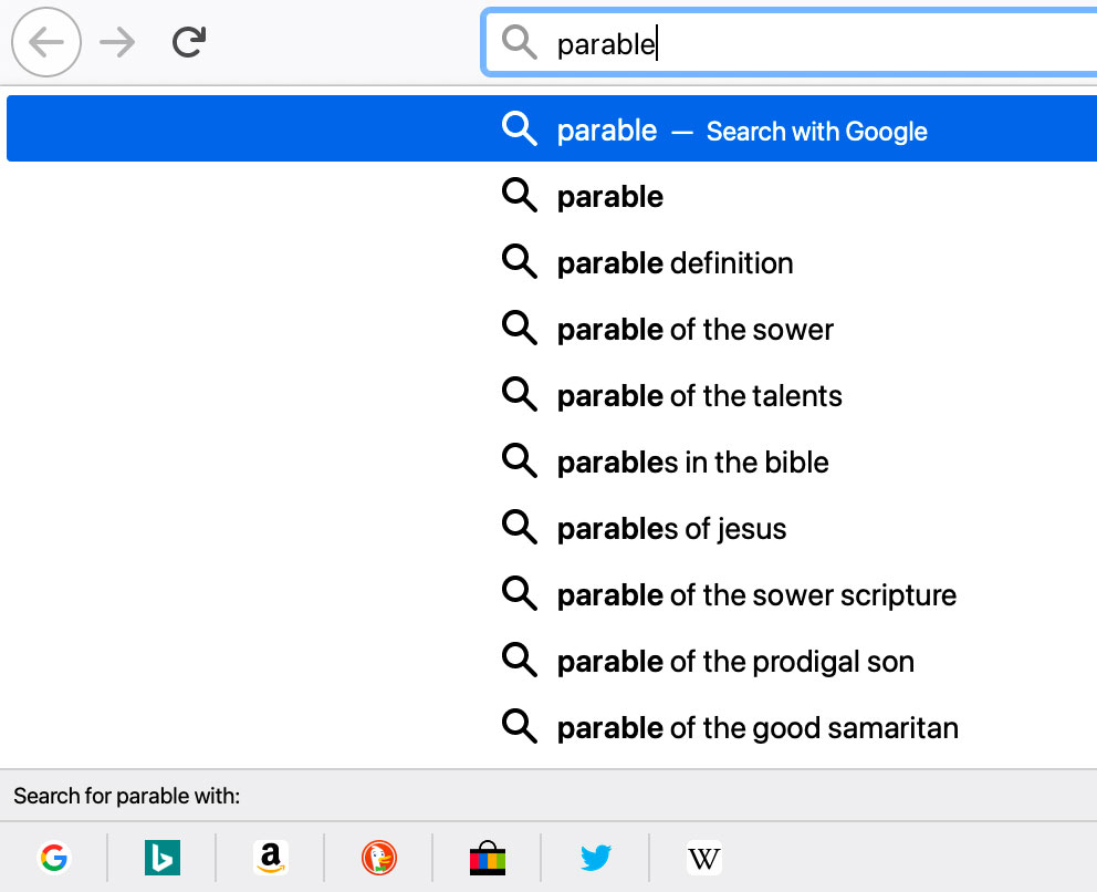 A screenshot of a search being performed in Firefox. At the bottom of the image is a row of search engine icons allowing you to pick different search engines.