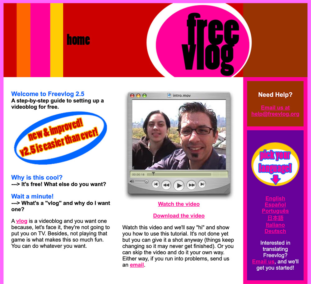 A brightly colored Freevlog website that features an image of a video in the desktop QuickTime interface.